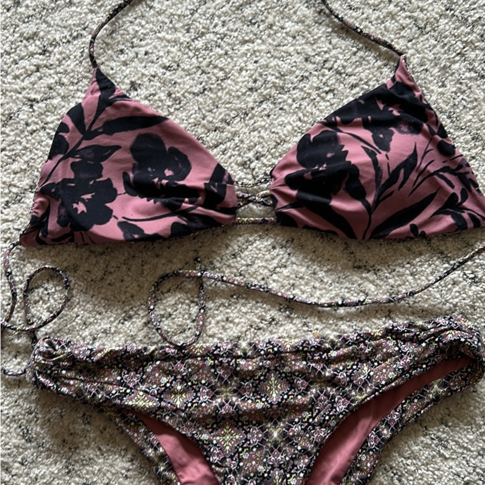 Pink and navy. Floral Two-Piece Bikini
